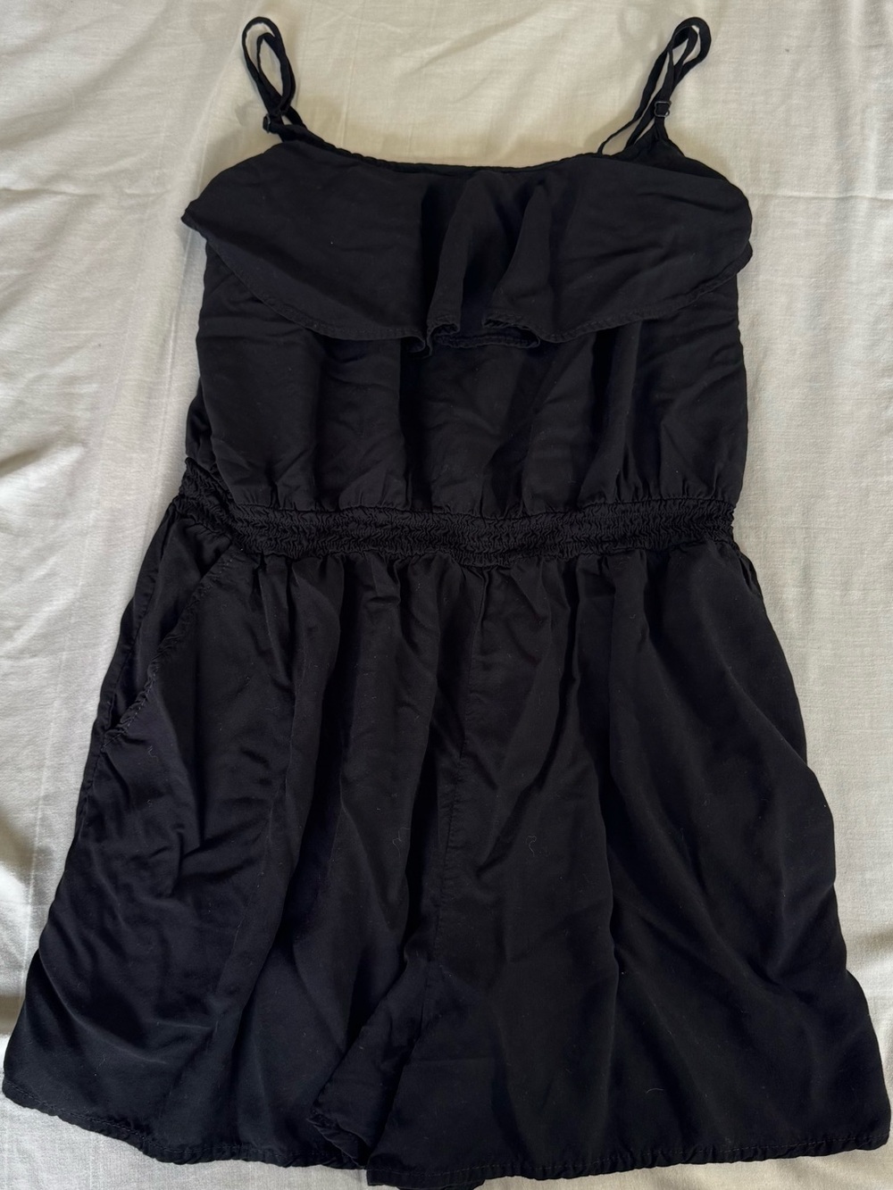 Cotton On Black Strappy Ruffle Neckline Romper with Pockets - Size L